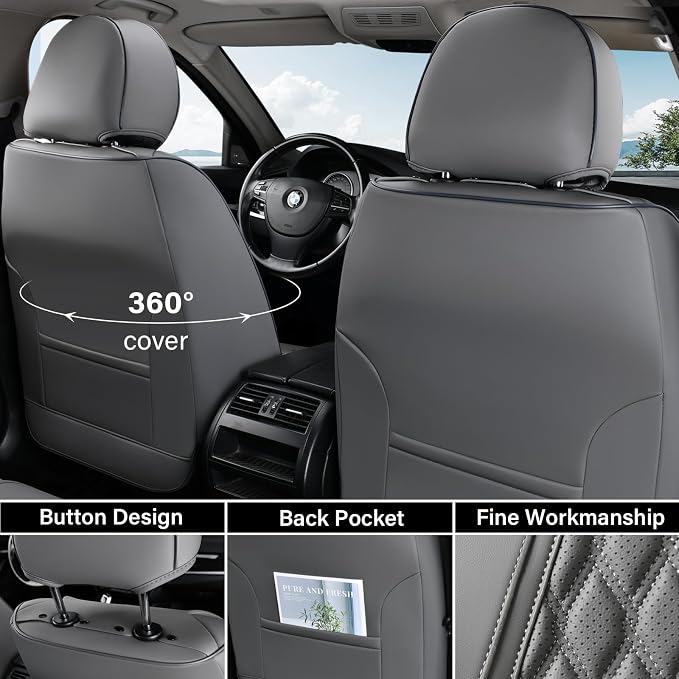 Coverado Front Seat Covers, Luxury Nappa Leather Seat Covers, Car Seat Covers Waterproof, 2 Pack Universal Seat Covers for Cars, Car Seat Protector, Driver Seat Cover Fit for Most Cars, Gray