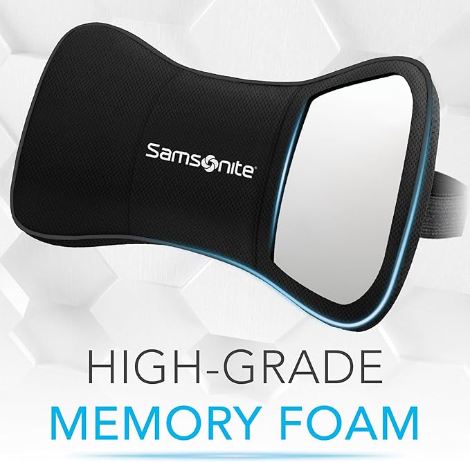 SAMSONITE Travel Neck Pillow – Memory Foam Car Seat Headrest Cushion, Ergonomic Neck Support for Driving, Adjustable, Comfortable Head Rest for Long Trips, Travel Pillow for Cars & Office Chairs