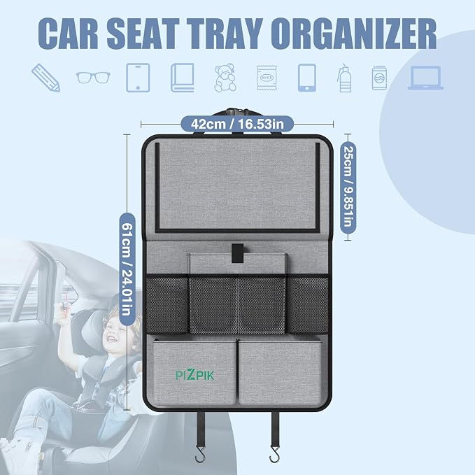 Plzpik Car Backseat Organizer with Tablet Holder,11 Storage Pockets with Foldable Food Tray, Protector Kick Mats for Kids, Travel Accessories Organizer (Gray, 2Pack with Food Tray)