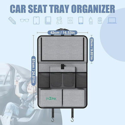 Plzpik Car Backseat Organizer with Tablet Holder,11 Storage Pockets with Foldable Food Tray, Protector Kick Mats for Kids, Travel Accessories Organizer (Gray, 2Pack with Food Tray)