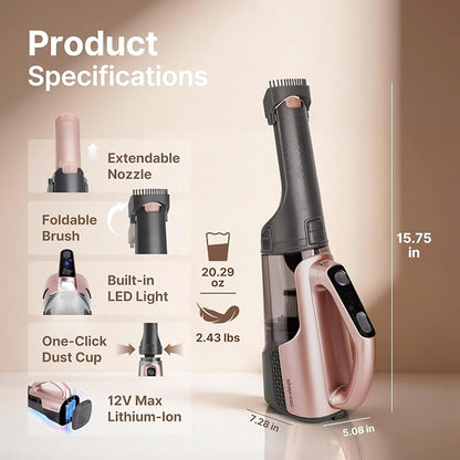 Shop-Vac S2 12V Handheld Vacuum Cordless, Rotatable Nozzle, Dual-Speed Powerful Portable Car Vacuum Rechargeable, Wall-Mounted Lightweight Hand Vacuum for Home & Car, LED, HEPA Filter, Champagne Gold