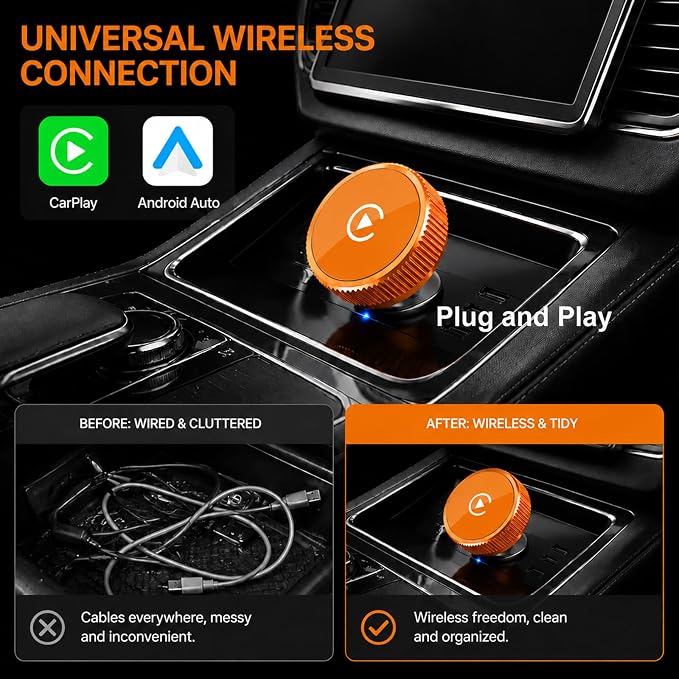 Wireless CarPlay Adapter & Android Auto Wireless Adapter, 2026 2-in-1 CarPlay Wireless Adapter for iPhone,Converts Factory Wired CarPlay/Android Auto to Wireless, USB/USB-C Dongle for Cars