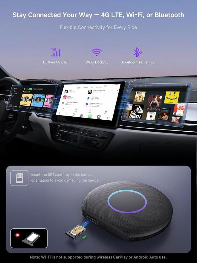 Magic Box CarPlay & Wireless Android Auto Adapter, Full Android OS, Built-in 4G LTE, AI Box Adapter, Plug & Play, Drivechat with AI Skills, WiFi, Bluetooth, Fits for OEM Wired CarPlay Cars