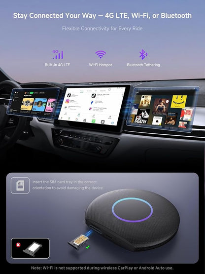 Magic Box CarPlay & Wireless Android Auto Adapter, Full Android OS, Built-in 4G LTE, AI Box Adapter, Plug & Play, Drivechat with AI Skills, WiFi, Bluetooth, Fits for OEM Wired CarPlay Cars
