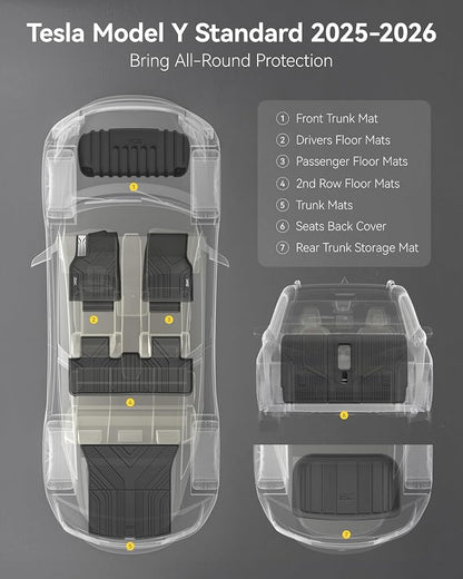 3W Full Set Floor Mats for Tesla New Model Y Juniper 2025 2026 Only for Standard, TPE All Weather Cargo Liners, Trunk Mats, Seat Back Cover Protector, Model Y Accessories(Not Fit Premium/Performance)