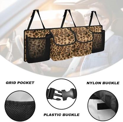 Brown Leopard Pattern Car Organizer Waterproof Trunk Hanging Storage Bag with Extra Storage Space for SUVs,Trucks,Vans