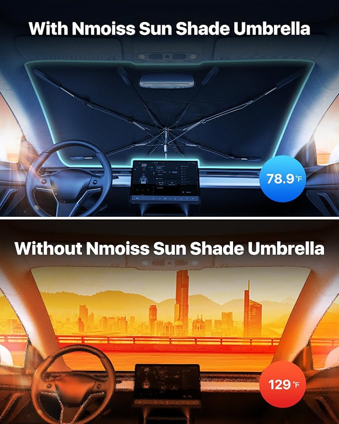 [Upgraded] Nmoiss Windshield Sun Shade Umbrella - [Vinyl Coating Heat Shield] Protect Car from Sun Rays & Heat Damage Keep Cool and Protect Interior, Spring Structure Edge Medium 56" L x 31" W