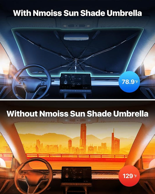 [Upgraded] Nmoiss Windshield Sun Shade Umbrella - [Vinyl Coating Heat Shield] Protect Car from Sun Rays & Heat Damage Keep Cool and Protect Interior, Spring Structure Edge Medium 56" L x 31" W
