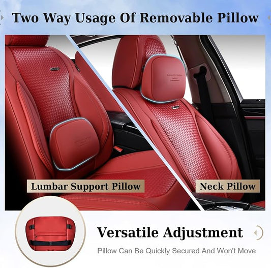 Coverado Seat Covers, Car Seat Covers Front Seats, Waterproof Nappa Leather Auto Seat Cover with Lumbar Head Pillow, Red Seat Covers Carseat Cover Universal Fit for Most Cars