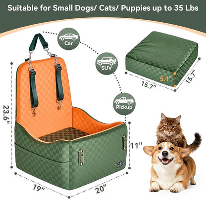 PETSFIT Dog Car Seat for Small/Medium Dogs Up to 35 lbs – Patented Safety System, 5" Memory Foam Pet Car Seat, Fully Detachable and Washable Cover, Front/Back Seat Travel Booster (Green & Orange)