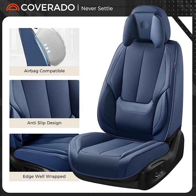 Coverado Seat Covers Full Set, 5 Seats Seat Covers for Cars, Waterproof Nappa Leather Car Seat Covers with Head Pillow, Seat Protectors Car Seat Cushion Universal Fit for Most Cars (Blue)