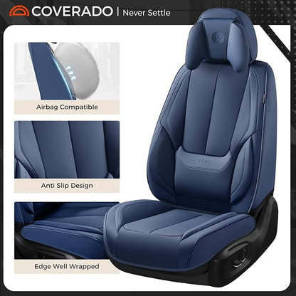 Coverado Seat Covers Full Set, 5 Seats Seat Covers for Cars, Waterproof Nappa Leather Car Seat Covers with Head Pillow, Seat Protectors Car Seat Cushion Universal Fit for Most Cars (Blue)