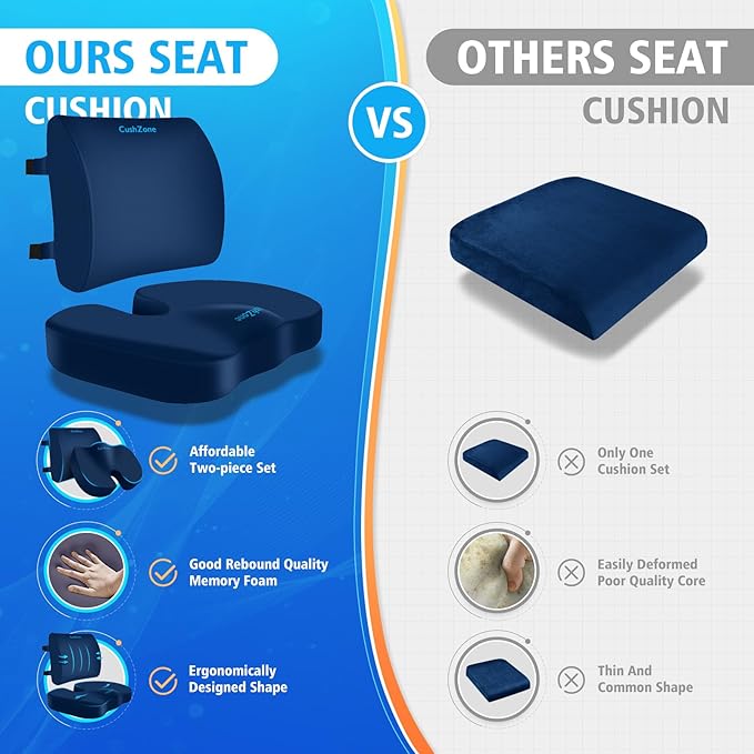 CushZone Seat Cushion, Lumbar Support Pillow with Adjustable Strap-Chair Cushions for Sciatica Pain Relief-with Washable Cover Memory Foam for Car, Travel and Wheelchair-Blue X-Large