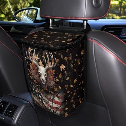 Talayituse Deer Skull American Flag Print Car Trash Can, Portable Auto Garbage Bin Multifunctional Vehicle Interior Accessories with Adjustable Straps Universal Fit Truck SUV Sedan