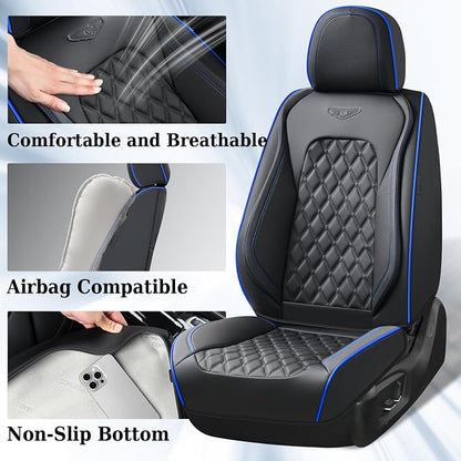 Coverado Full Set Car Seat Covers, Front & Back Luxury Faux Leather Waterproof Seat Covers,Car Seat Protectors, Universal Fit for Most Vehicles-Black & Blue
