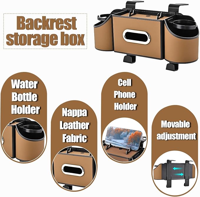 Back Seat Car Organizer,4 in 1 Multifunctional Car Back Seat Storage Box with Drink Cup Holder Tissue Box, for Hold Phone,Snacks, Drinks, Handbag-Light Brown