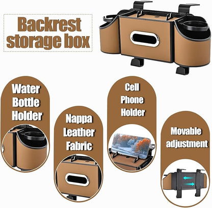 Back Seat Car Organizer,4 in 1 Multifunctional Car Back Seat Storage Box with Drink Cup Holder Tissue Box, for Hold Phone,Snacks, Drinks, Handbag-Light Brown