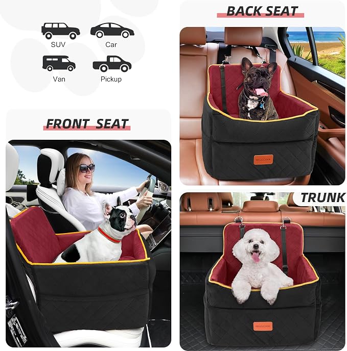 HEGGCOOE Dog Car Seat for Small Medium Dogs, Memory Foam Puppy Dog Booster Seat with Thick Cushion for Dogs Under 35lbs, Detachable Washable Pet Car Seat Travel Bed with Storage Pockets,2 Safety Belts