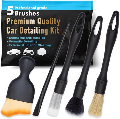 Yours Car Detailing Brush Kit, Interior & Exterior Car Cleaning Brush Set, Auto Detailing Tools for Interior Cleaner, 5 Pack, Black