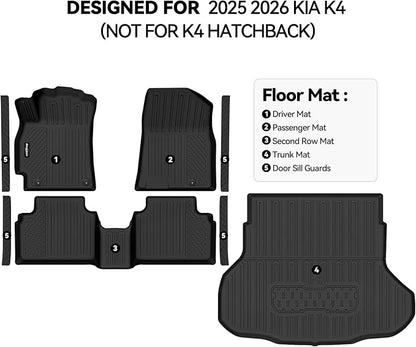 Floor Mats for 2025 2026 Kia K4 (Not for K4 Hatchback), All Weather Interior Protector Floor Mats & Trunk Mat & Door Sill Guard for Kia K4 Car Accessories Floor Liner