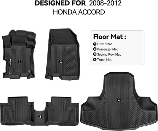 Floor Mats for 2008-2012 Honda Accord Sedan(not for Couple), Trunk Mat and Backrest Mat All Weather TPE Protector for Honda Accord Accessories