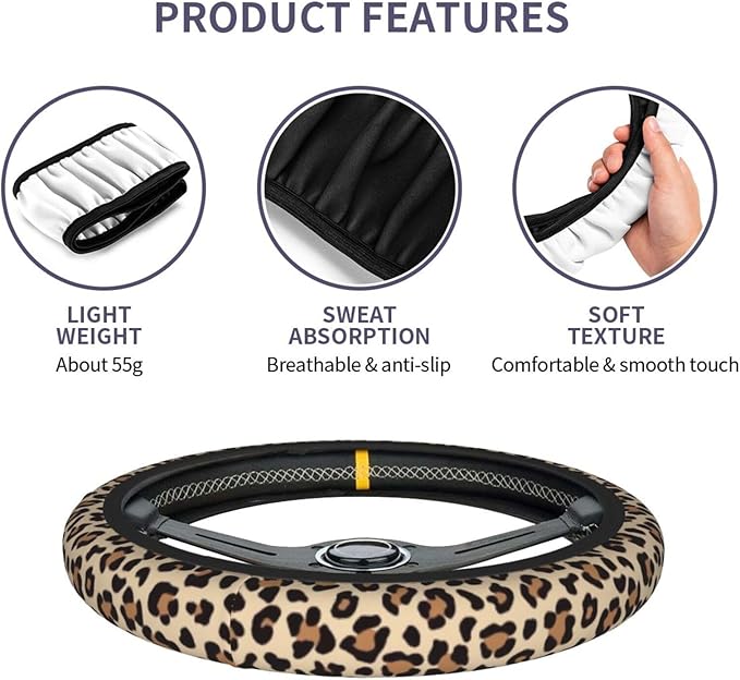 Leopard Cheetah Print Steering Wheel Cover 15 Inch + 2pc car Coasters | Universal Anti-Slip Breathable Animal Print Matching Set for Men Women