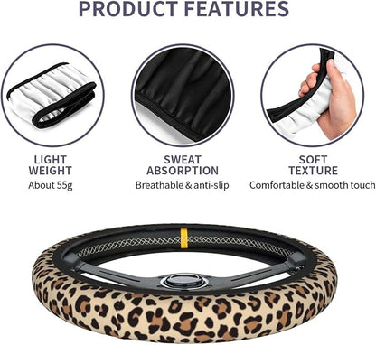 Leopard Cheetah Print Steering Wheel Cover 15 Inch + 2pc car Coasters | Universal Anti-Slip Breathable Animal Print Matching Set for Men Women