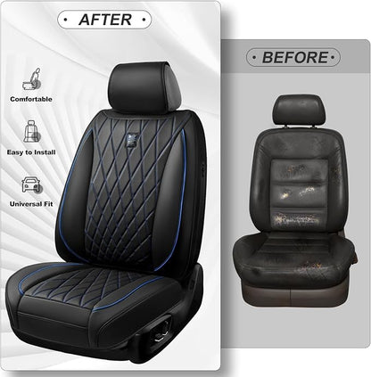 CAR PASS Luxury PU Leather Two Front Car Seat Covers, Waterproof Seat Covers Compatible with Front Seat Armrests, Airbag Compatible Anti- Slip Universal Fit for Cars Suvs Vans Trucks Black Blue