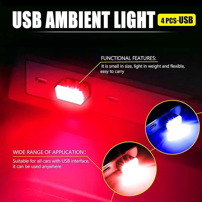 4 PCS USB LED Car Interior Atmosphere Lamp, Portable Mini Auto LED Decor Night Light, Plug-in USB Interface Ambient Lighting Kit, Universal Car Interior Accessories (Red+Blue)