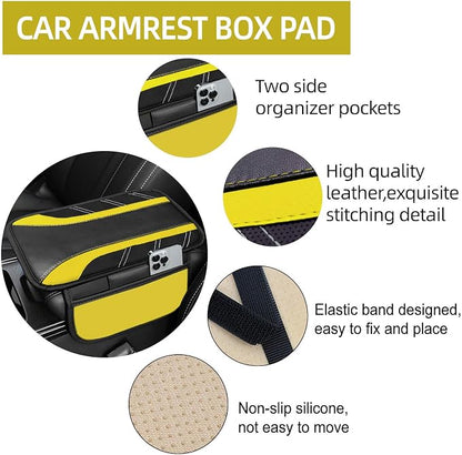 NBTEPEM 10 Pcs Car Floor Mats Full Set & Sport Leather Steering Wheel Cover 14.5-15 inch, Center Console Cover, Seat Belt Cushion, Cup Holder Coaster, Universal Automobile Interior Sets (Yellow)