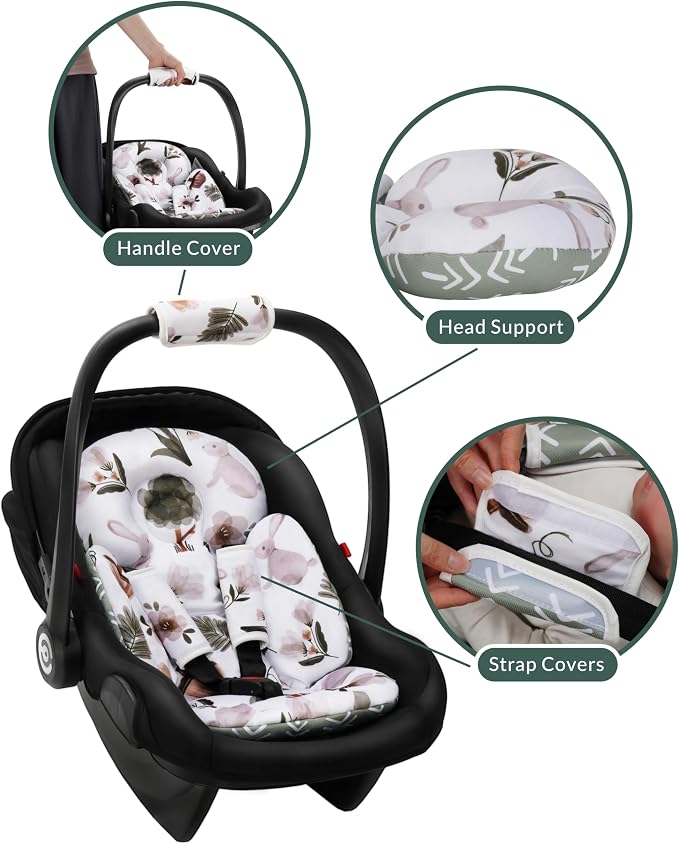 TinlyFinly Newborn Carseat Insert, Baby Head and Body Support, Reversible Infant Insert Compatible with Infant Car Seat, Stroller, Mamaroo Swing, Rocker, Bouncer. Baby Car Seat Cushion - Rabbit