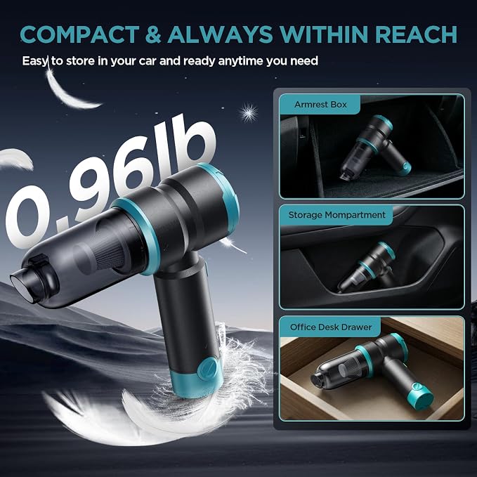 Handheld Car Vacuum Cleaner, 4-in-1 Cordless Rechargeable Mini Vacuum with Air Duster – Quickly Clean Crumbs, Pet Hair & Crevices in Car, Office, Home. Ideal for Commuters & Office Workers (Blue)