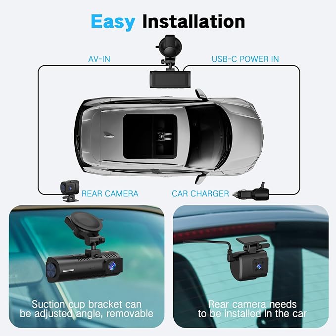 4K Dash Cam Front and Rear/Inside, Car Mount Dash Camera with 5G Wi-Fi, GPS, 3" IPS Screen, 64GB SD Card Included, Night Vision, G-Sensor, 24H Parking Mode, Loop Recording, APP Control, Black