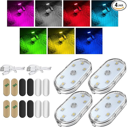 KVAEY 4 PCS Car LED Lights Interior Wireless, 7 Colors Magnetic Auto Ambient Light with 6 Bright LED Lamp Beads, Portable USB Rechargeable Vehicle Interior Led Night Light (Colorful, Magnetic, 4pcs)