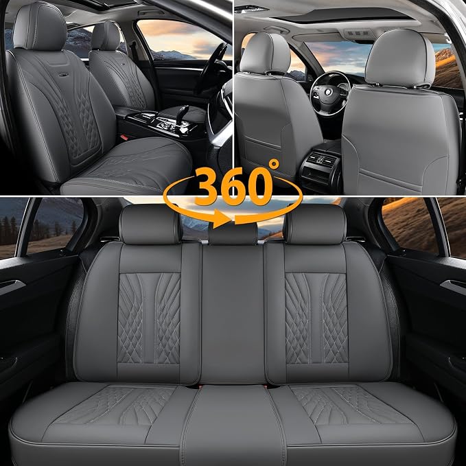 Coverado Car Seat Covers Full Set, 5 Seats Front Seat Cover and Back Seat Covers for Cars, Automotive Seat Covers Nappa Leather Waterproof Seat Covers, Car Seat Protectors Universal for Cars Gray