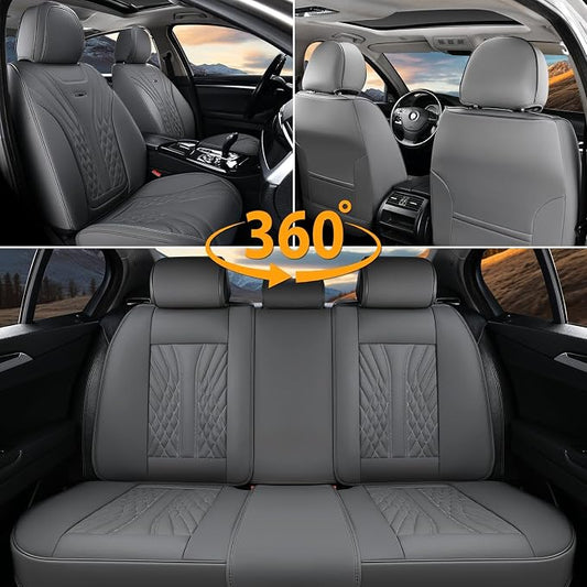 Coverado Car Seat Covers Full Set, 5 Seats Front Seat Cover and Back Seat Covers for Cars, Automotive Seat Covers Nappa Leather Waterproof Seat Covers, Car Seat Protectors Universal for Cars Gray
