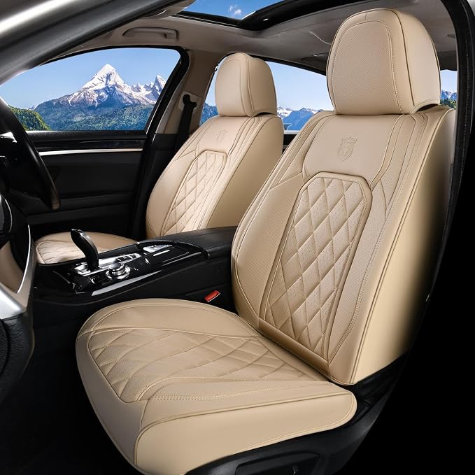 Coverado Car Seat Covers Full Set, 5 Seat Universal Seat Covers for Cars, Luxury Faux Leather Waterproof Seat Cover, Front and Back Car Seat Protector, Auto Seat Cover Fit for Most Vehicles, Beige