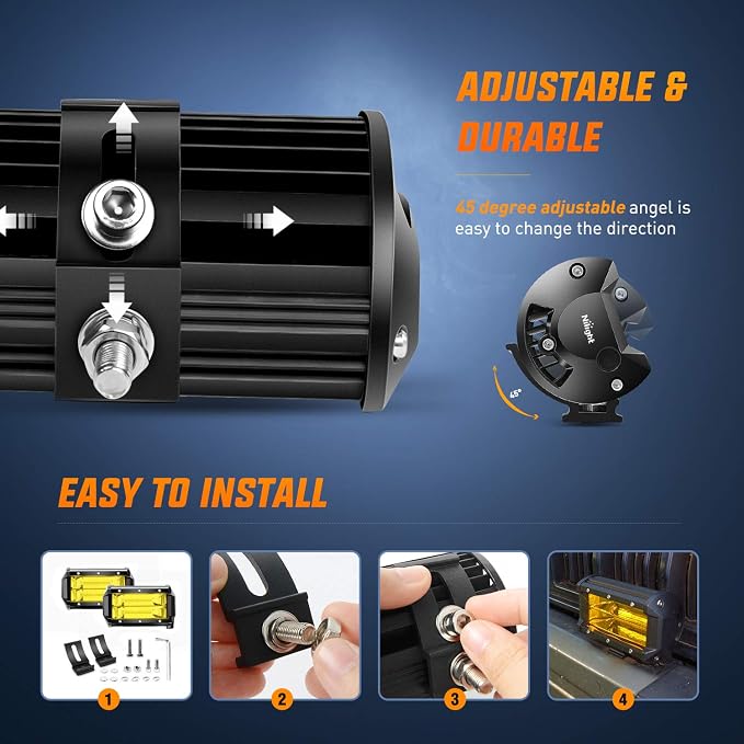 Nilight 18030C-A Amber 2PCS 5Inch 72W Double Row Flood Bar 10800Lumens Driving Fog Led Off Road Lights for Trucks Jeep ATV UTV SUV Boat Marine,2 Years Warranty, Yellow,White