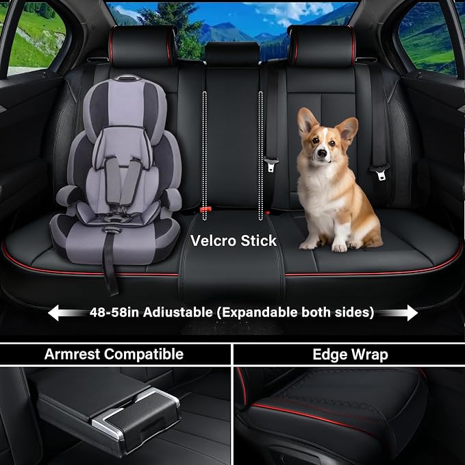 Coverado Car Seat Cover Full Set, Red Seat Covers Front Seats Back Seat Covers, Nappa Leather Waterproof, Car Seat Cushion, Car Seat Protector Universal Fit Most Cars