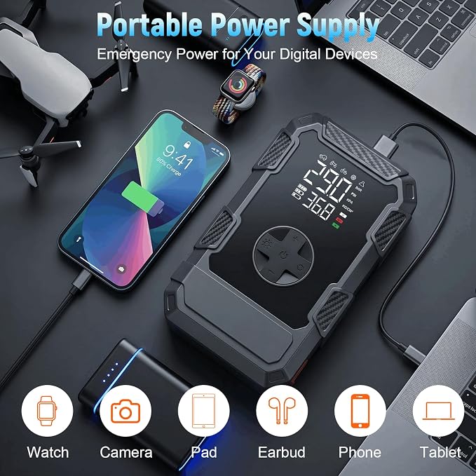 4000A Car Jumper Starter Portable with Air Compressor, 12V Battery Jump Starter with Tire Pump 150PSI for 10L Gas Diesel Engines, Car Battery Jumper Box Pack Combo with LED Light, Father Day Gift