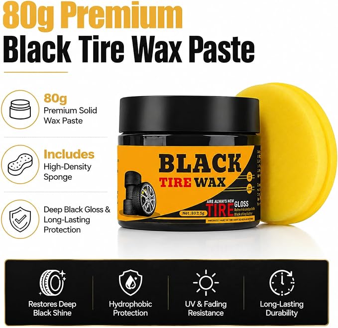 XIRUJNFD 80g Premium Tire Coating & Trim Restorer, Restores Deep Black Shine on Rubber, Tire Shine Polishing Paste with Sponge, Long-Lasting Coating Protection for Car, Truck, Motorcycle, RV (3)