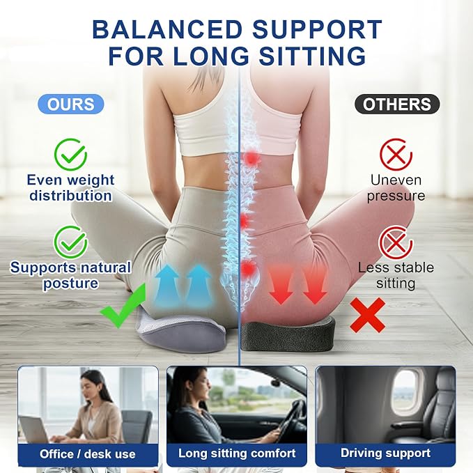 Seat Cushion for Tailbone Pain Relief, Firm Support Won't Flatten, Adds 2–3" Height, X-Large Cushion for Long Sitting, Office Chair, Car Seat & Work from Home（Grey