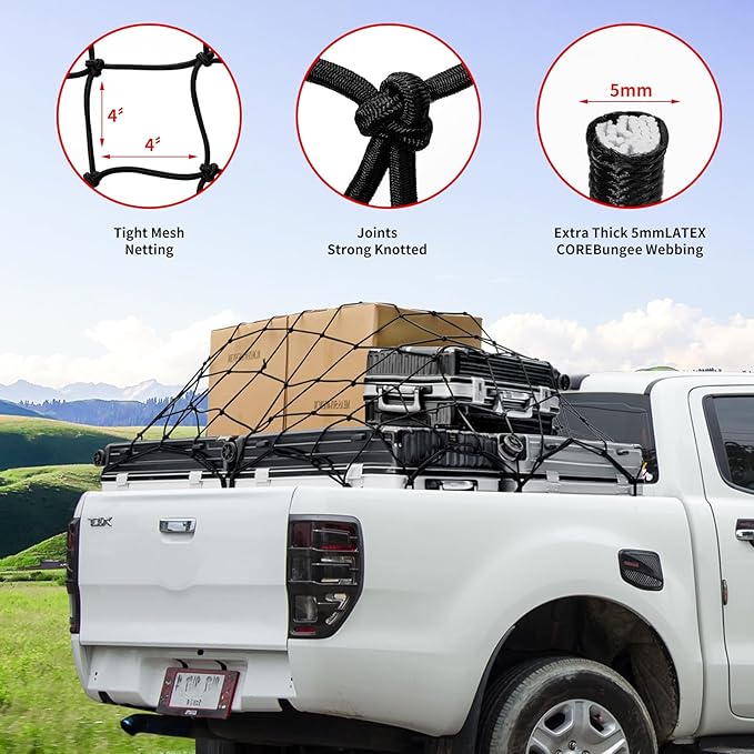 Heavy Duty Cargo Net for Pickup Truck Bed - Stretches from 3' x 4' to 9' x 12' - 12 Metal Carabiners - Compatible with Ford, Dodge RAM, Chevy, Toyota - Ideal for (Black, 3X4 Feet)