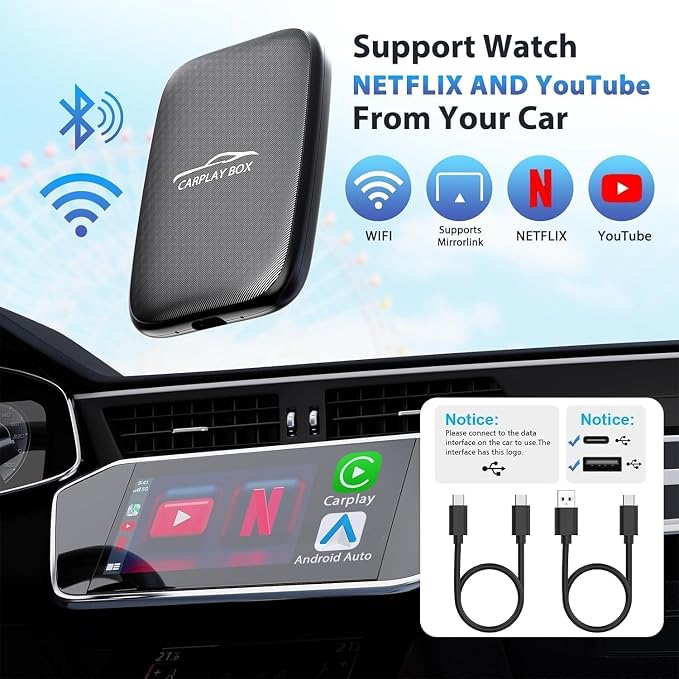 2025 Upgraded Wireless CarPlay and Android Auto Adapter -Built in YouTube Support TF Card,Magic Car Play AI Box Convert Wired to Wireless Dongle, Apple Carplay Adapter for Cars from 2016