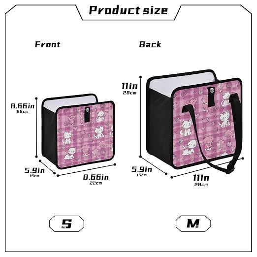 Car Trash Can Organizer Bin with Adjustable Strap for Back Front Seat Console Waterproof Leakproof Collapsible Portable 8.66 Inch Checkered Pink Kittens Hearts Shells