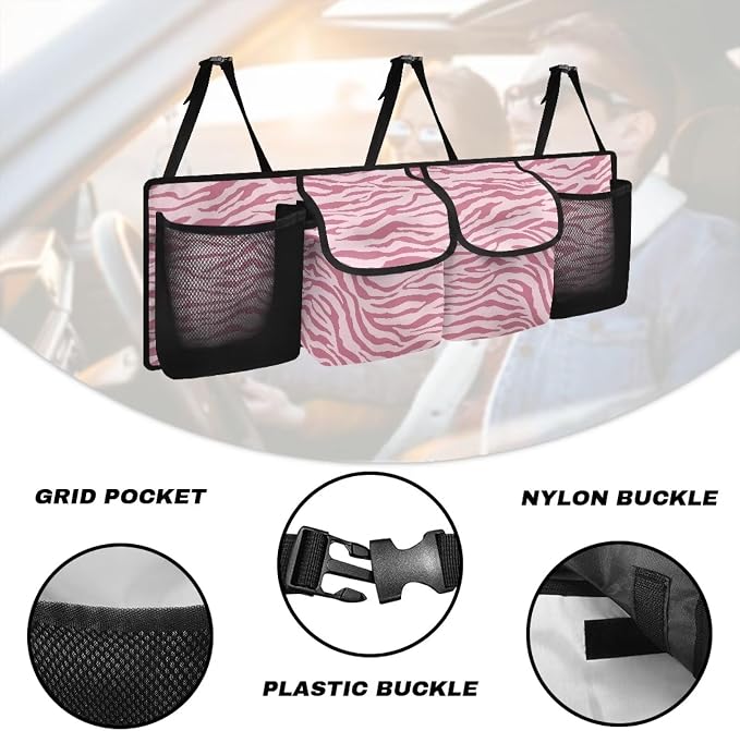 Pink Zebra Stripes Trunk Organizer Car Women Hanging Collapsible Cargo Bag with 4 Storage Bags,Car Accessories