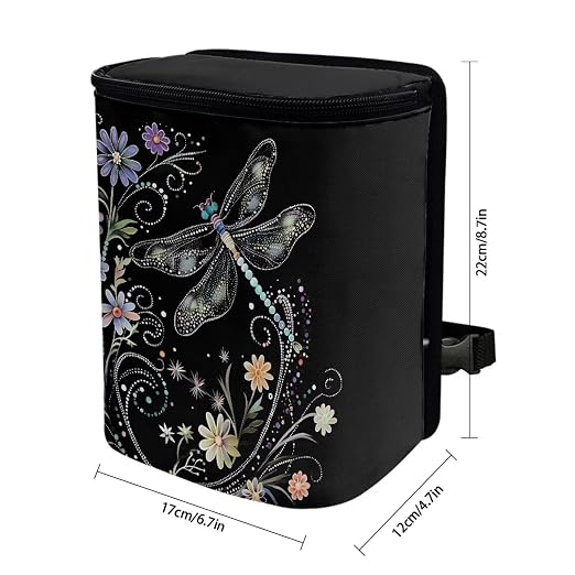 Talayituse Dragonfly Flower Print Car Trash Can with Lid, Leak Proof Auto Trash Bag Hanging Vehicle Garbage Can Multipurpose Storage Container for Back Seat Road Trip