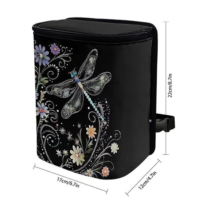 Talayituse Dragonfly Flower Print Car Trash Can with Lid, Leak Proof Auto Trash Bag Hanging Vehicle Garbage Can Multipurpose Storage Container for Back Seat Road Trip
