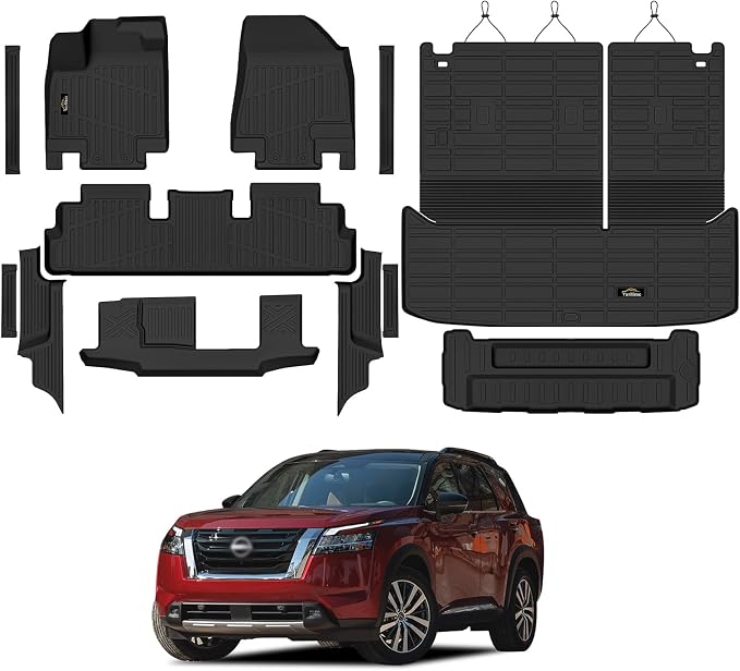 Floor Mats & Cargo Mat with Backrest Mat Custom for Nissan Pathfinder 2022-2025 2026 7&8 Seats, Door Sill Guards, All Weather TPE Full Set Floor Liners Trunk Mat for Pathfinder 2025 Accessories