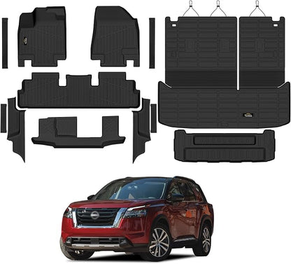 Floor Mats & Cargo Mat with Backrest Mat Custom for Nissan Pathfinder 2022-2025 2026 7&8 Seats, Door Sill Guards, All Weather TPE Full Set Floor Liners Trunk Mat for Pathfinder 2025 Accessories